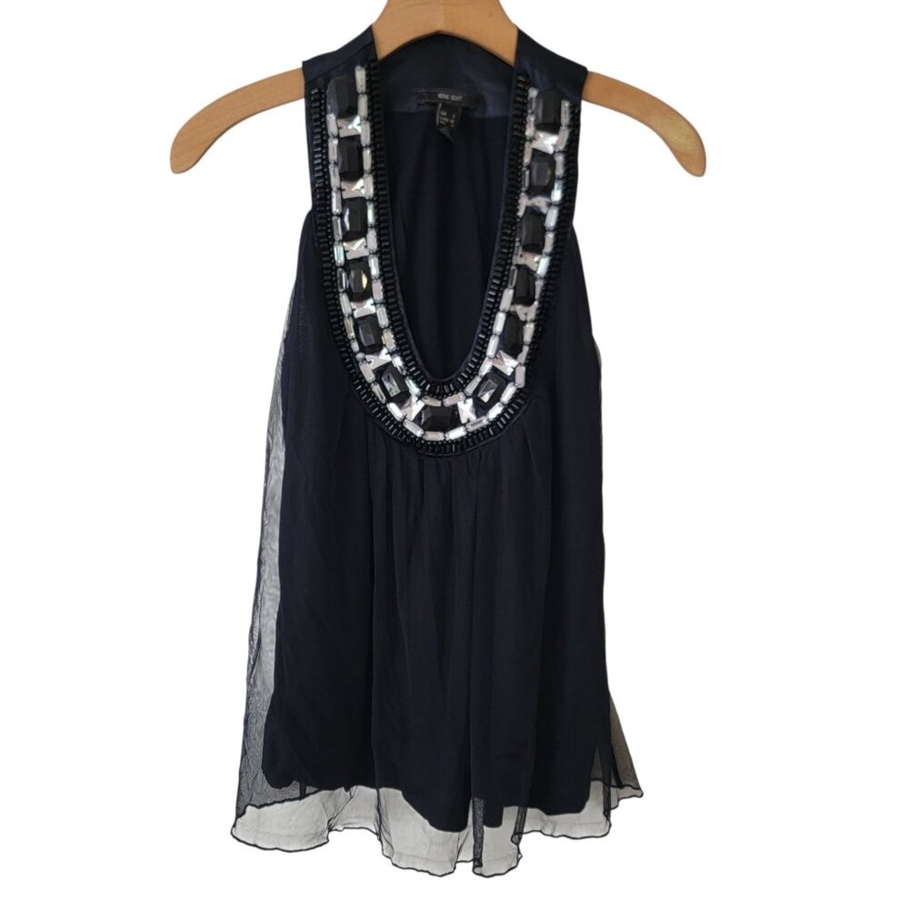 MNG Black Sleeveless Blouse‎ Top Embellished Neckline Large Gems EU S /  US XS
